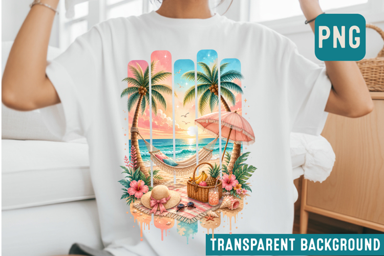 Tropical Beach Sunset PNG, Vintage Summer Vacation Sublimati