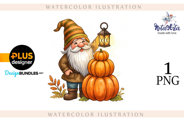 Gnomes with Pumpkin Harvest in Watercolor Style example image 1