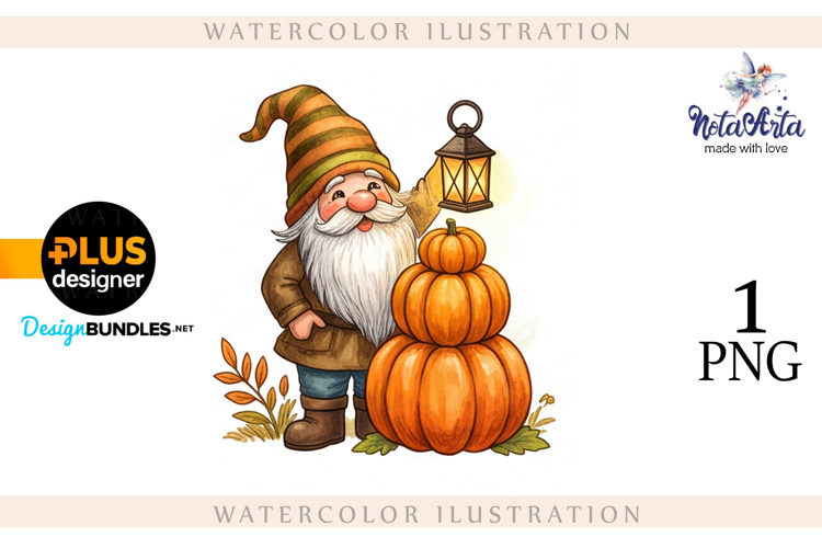 Gnomes with Pumpkin Harvest in Watercolor Style