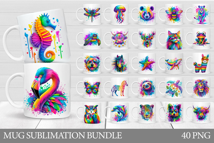 Rainbow Animals Mug Bundle. Colorful Animals Sublimation