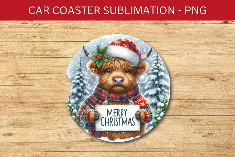 rounded car coaster - highland cow
