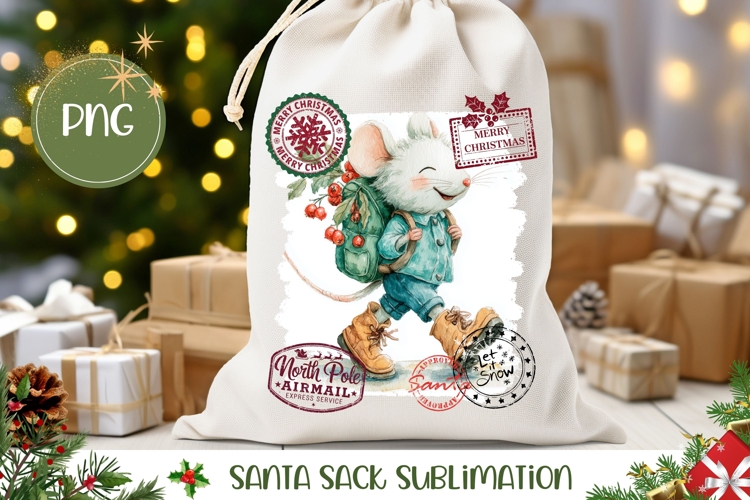 Cute Christmas Mouse Santa Sack, Christmas Mouse PNG