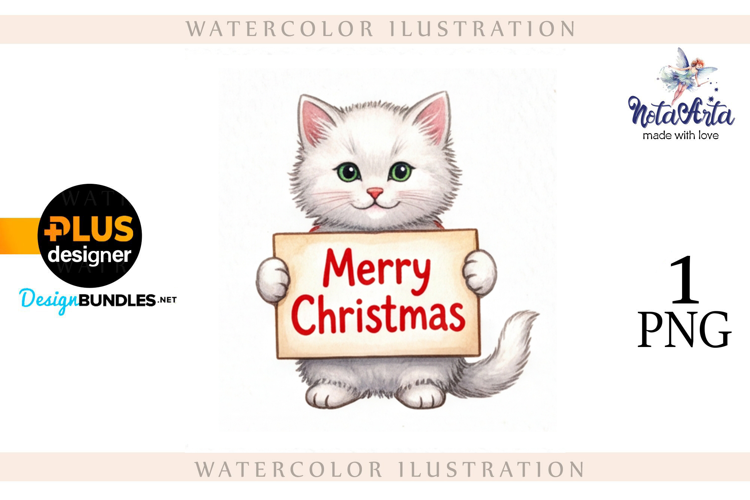 Christmas Kitten in Watercolor Style