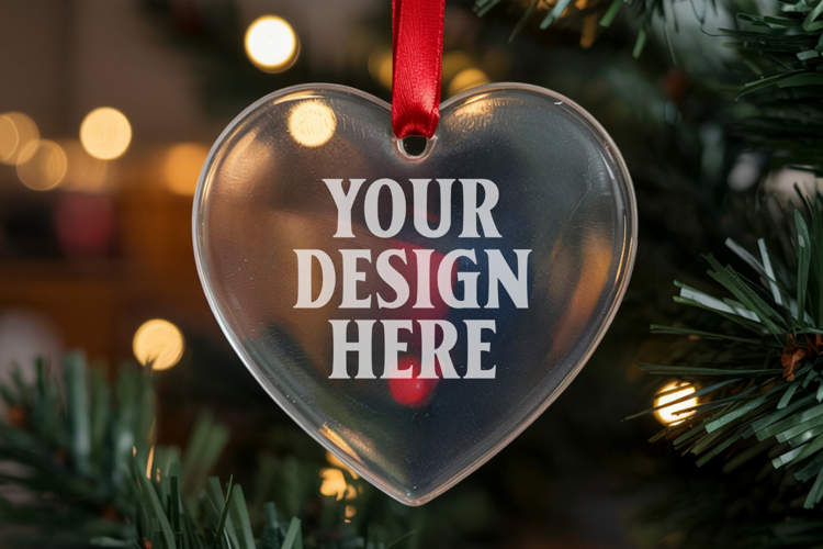 Christmas Heart Crystal Glass Ornament Mockup | Clear Heart