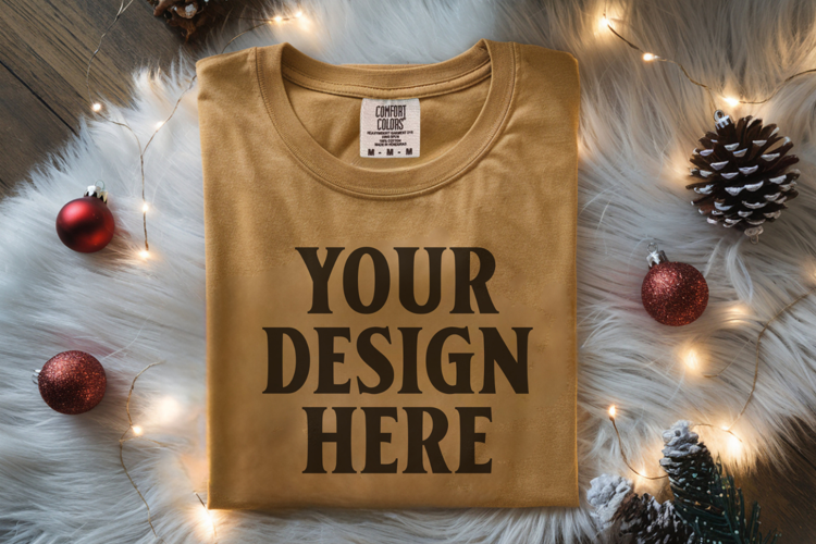 Mustard Comfort Colors 1717 Christmas Folded T-Shirt Mockup