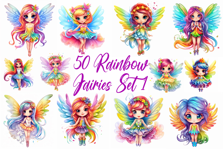 50 Rainbow Fairy Fairies Girls Illustrations Sticker JPG