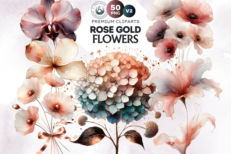 Rose Gold Pink flowers Clipart, Abstract Flowers Wedding PNG