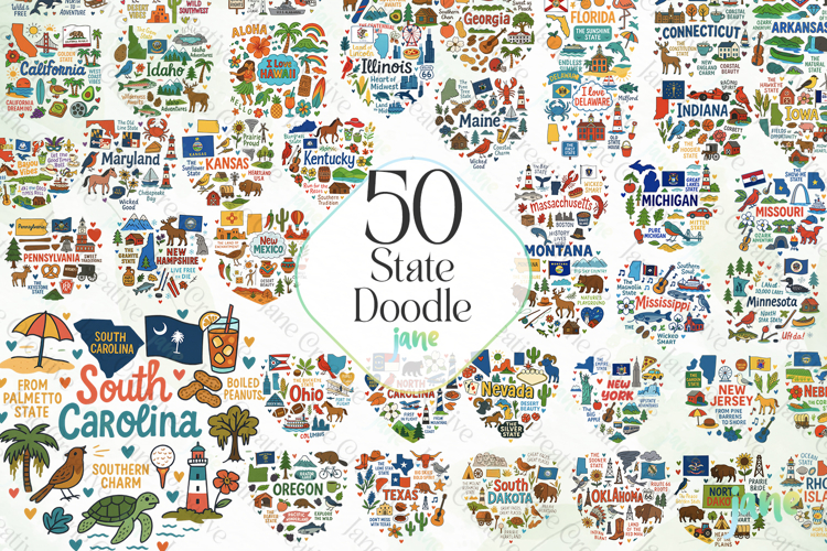 50 State Doodle Sublimation Clipart