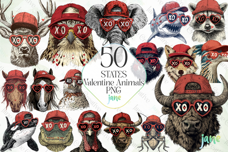 50 States Valentine Animals PNG Bundle