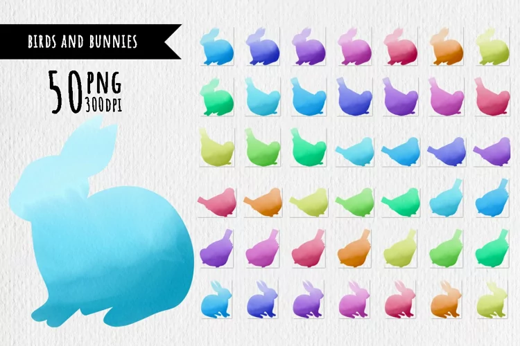 50 Watercolor sublimation backgrounds. Birds & bunnies