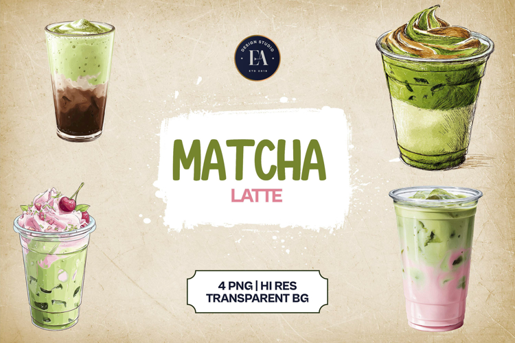 Matcha Latte Clipart Bundle 4 PNG