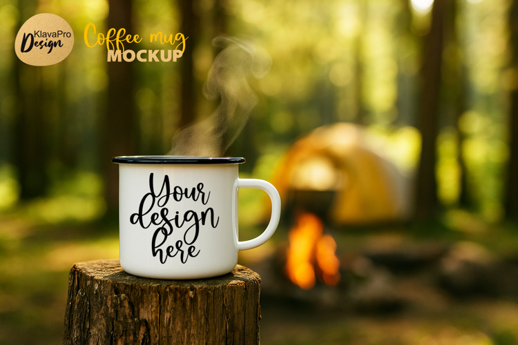 Camping Mug Mockup Enamel Cup Campfire Tent Forest