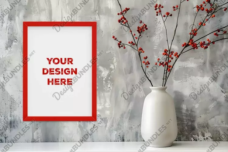 Frame mockup on grunge industrial wall with vase and flowers