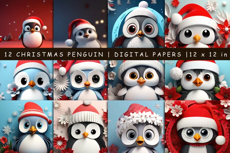 12 Christmas Penguin Digital Paper
