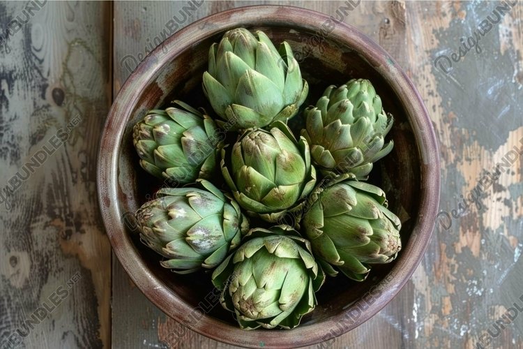 Fresh artichokes in rustic wooden bowl