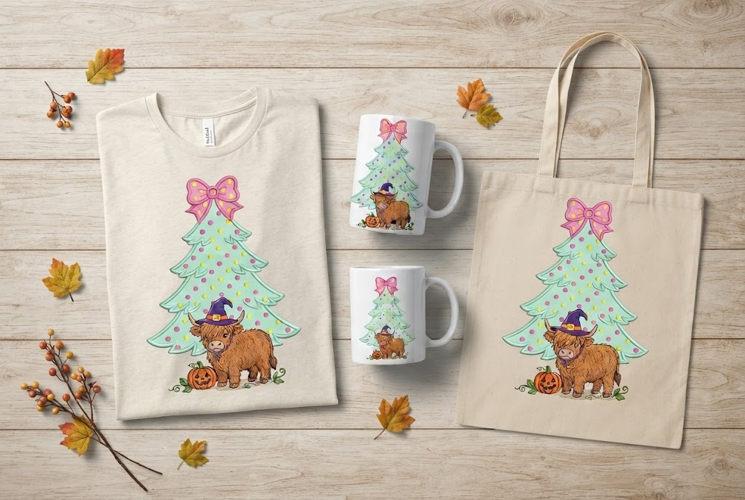 Embroidered Pastel Christmas Tree Witch Cow Art Print