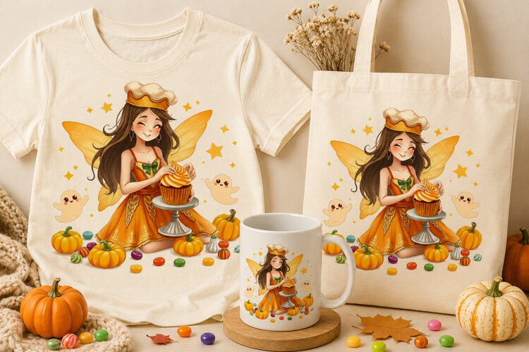 Halloween Fairy Baker PNG | Cute Pumpkin Cupcake Design example image 1