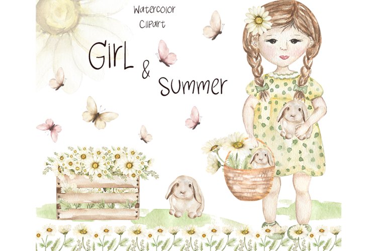 Watercolor Little Girl and Summer Set example image 1