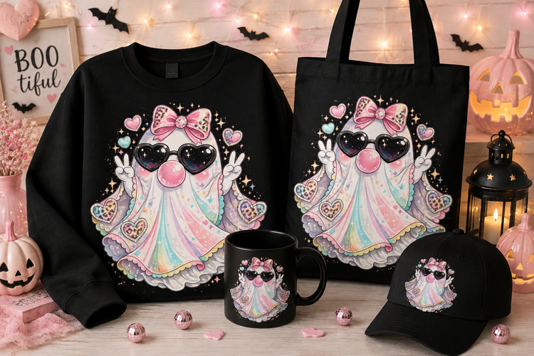 Cute Bubblegum Ghost PNG | Kawaii Pastel Halloween Sublimati