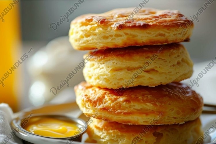 Freshly baked flaky biscuits stack with honey