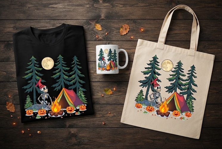 Skeleton Camping Red Hat Halloween Design with Pumpkins