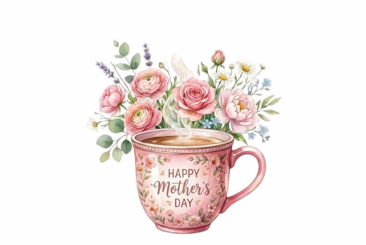 Watercolor teacup with pink floral Mothers Day clipart