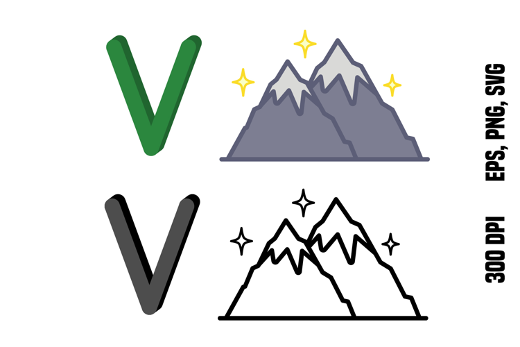 Letter V and a Volcano. Color and Line