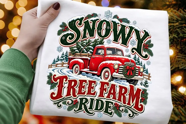 Snowy Tree Farm Ride Red Truck PNG - Vintage Christmas Tree