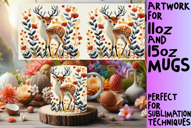 Watercolor Deer Mug Wrap Spring Sublimation