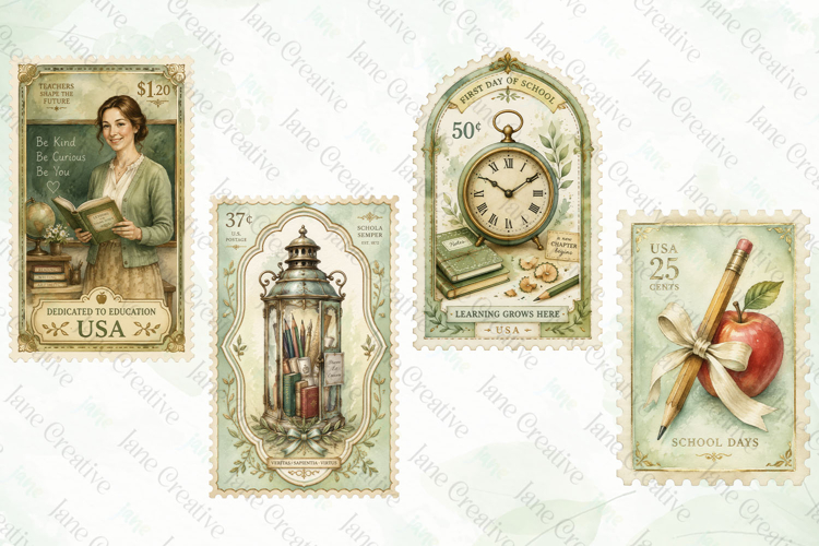 Vintage Back to School Postage Stamp Clipart