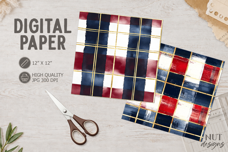 Patriotic Navy Plaid Digital Paper watercolor plaid patterns