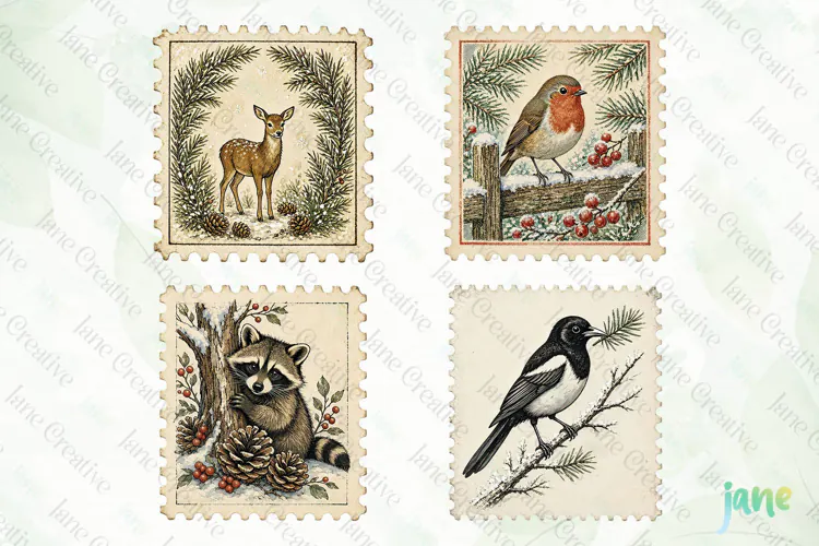 Vintage Winter Postage Stamp Clipart