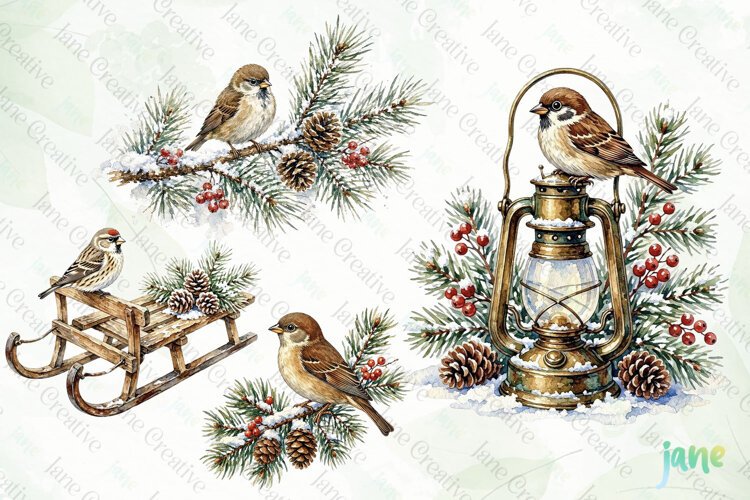 Vintage Winter Bird Clipart example image 1
