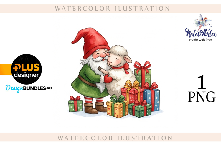 Christmas Gnome Santa with a Sheep in Watercolor Style