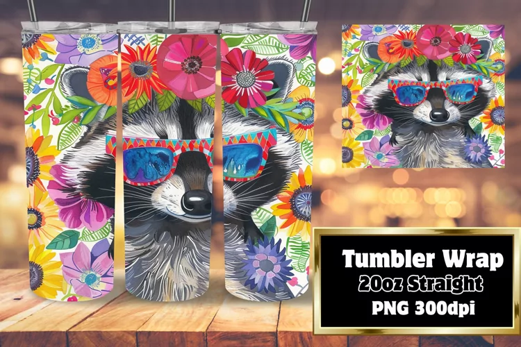 Flower-Raccoon Tumbler Wrap for 20oz Sublimation