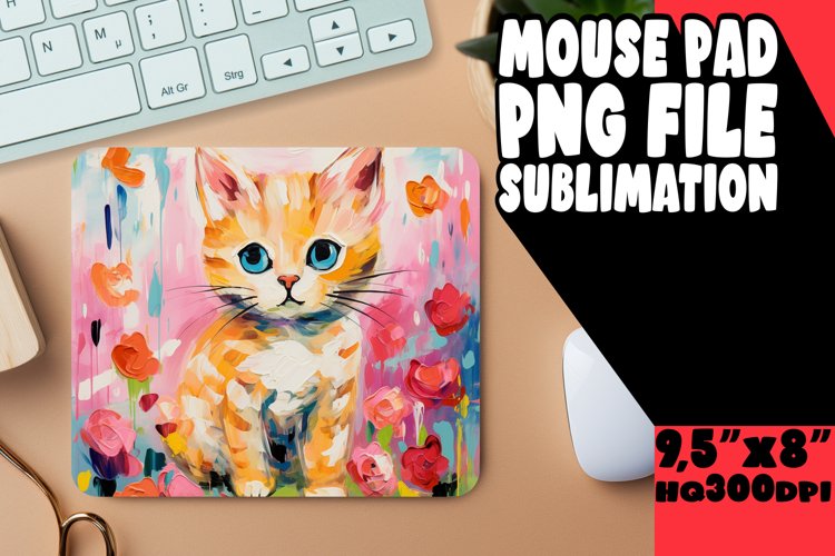 Cute Kitty with Flowers Mouse Pad Design PNG