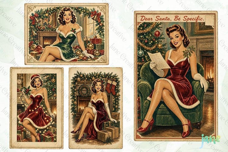 Vintage Christmas Pin-up Stamp Clipart example image 1