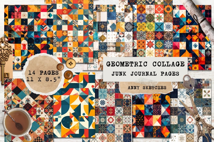 Geometric Collage Junk Journal Pages Printable Bundle