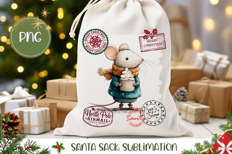 Christmas Mouse Santa Sack Template, Winter Mouse Gift Bag example image 1
