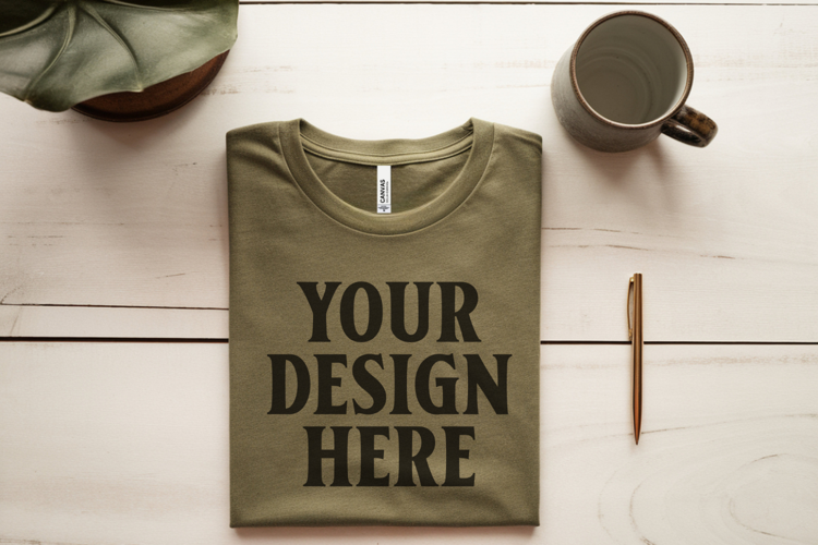 Heather Olive Bella Canvas 3001 Flat Lay T-Shirt Mockup