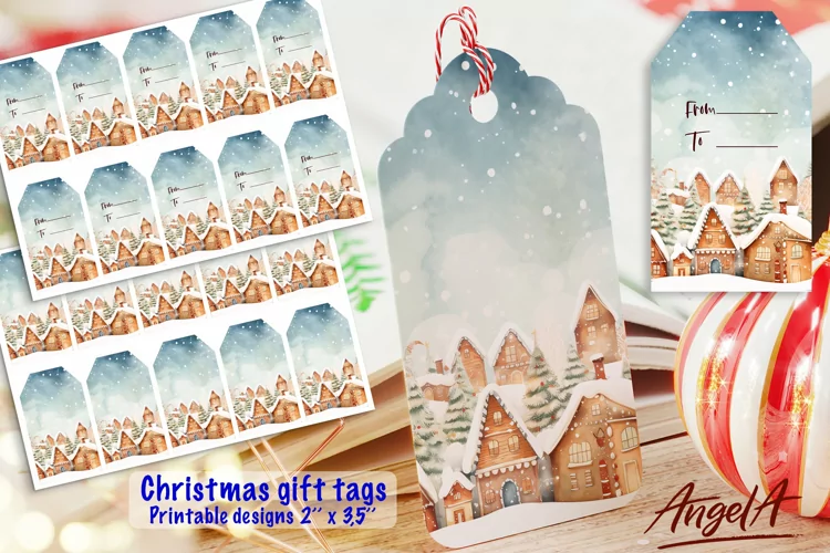 Christmas printable gift tag, winter village house PNG