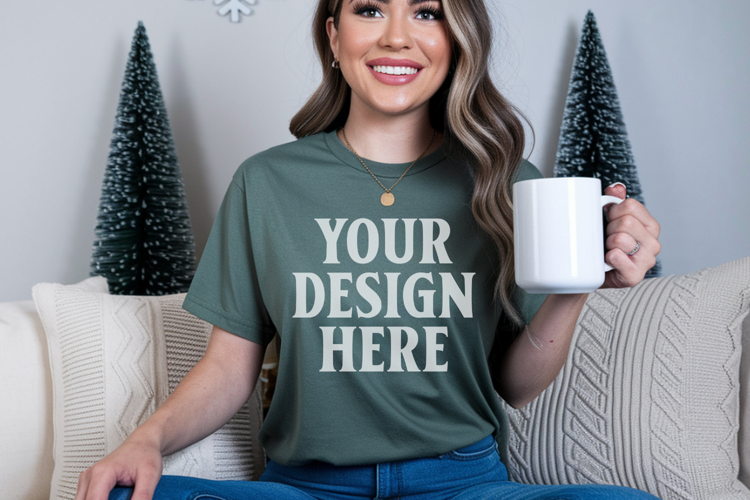 Light Green Comfort Colors 1717 Christmas Shirt Mockup, Coz