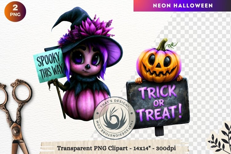 Neon Halloween Character Clipart Spooky Kawaii example image 1