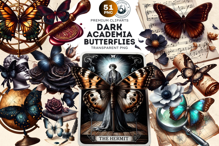 Dark Academia PNG, Gothic Butterfly Clipart Moody ephemera