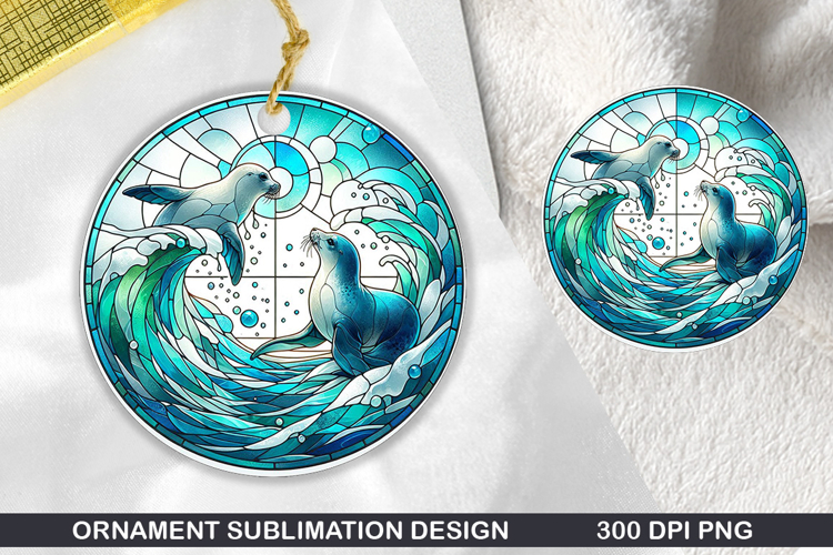 Sea lion Stained Glass Ornament PNG, Sublimation PNG Design