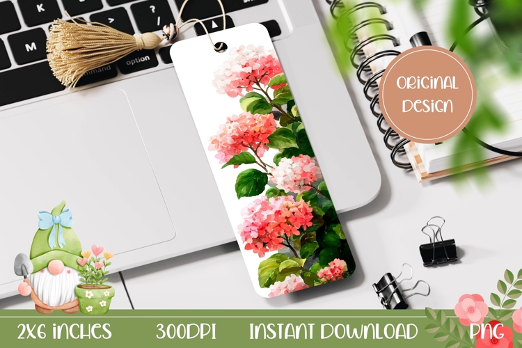 Pink Hydrangea Bookmark, Watercolor Flowers Bookmark Print