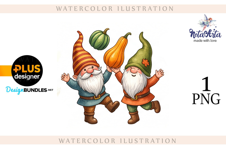 Gnomes with Pumpkin Harvest in Watercolor Style