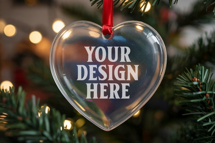 Christmas Heart Crystal Glass Ornament Mockup | Clear Heart