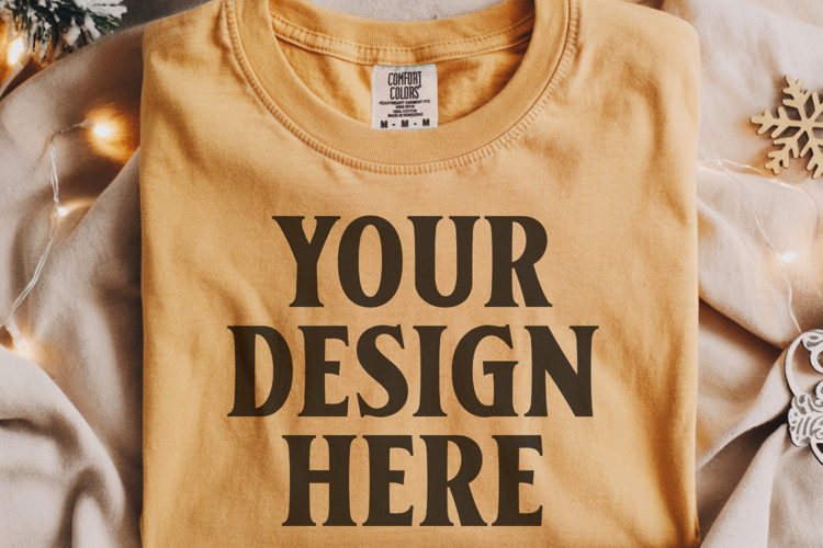Mustard Comfort Colors 1717 Christmas Folded T-Shirt Mockup