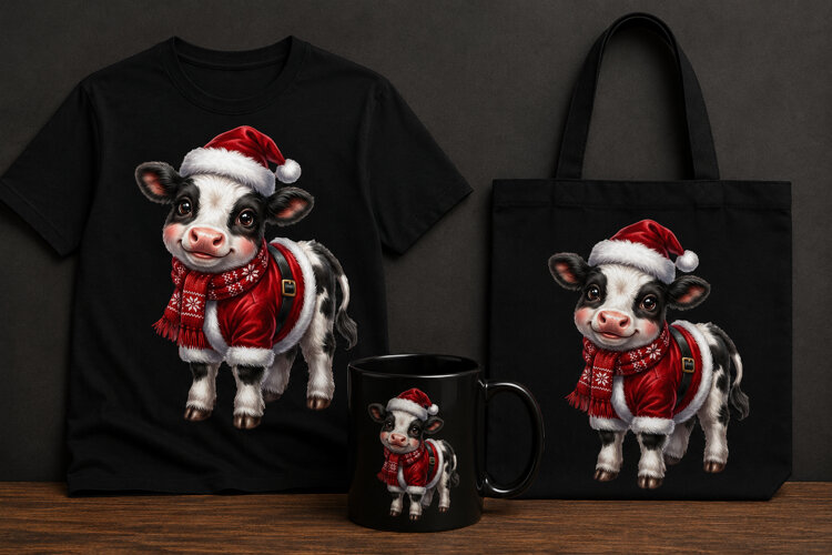 Cute Christmas Cow PNG Santa Cow Holiday Clipart Design example image 1